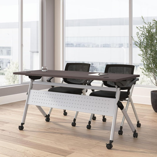 Bush Business Furniture Folding Training Table Set for 2, 60 inch, 2 Mesh Back Folding Chairs with Arms, Commercial-Grade Bundle for Office or Classroom, Envision Collection, Gray