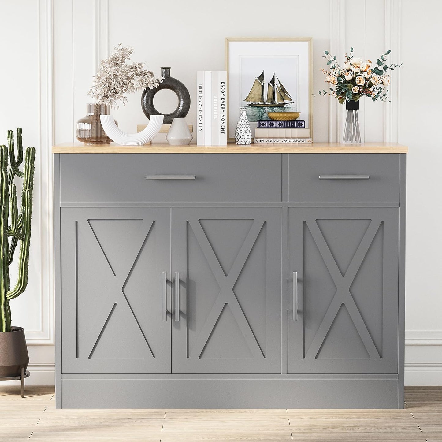 Shintenchi Modern Farmhouse Sideboard Buffet Cabinet with Storage with 3 Doors, 42"Barn Doors Buffet Cabinet with Storage, Wood Coffee Bar Cabinet with Adjustable Shelf for Kitchen, Living Room, Grey