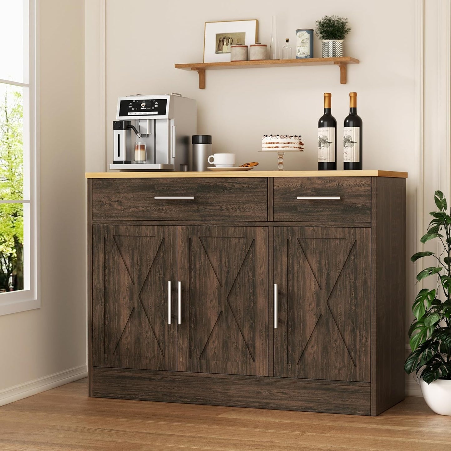 Shintenchi 3 Doors Farmhouse Sideboard Buffet Cabinet,42" Barn Doors Buffet Cabinet with Storage,Wood Coffee Bar Cabinet with Adjustable Shelf for Kitchen,Living Room,Brown