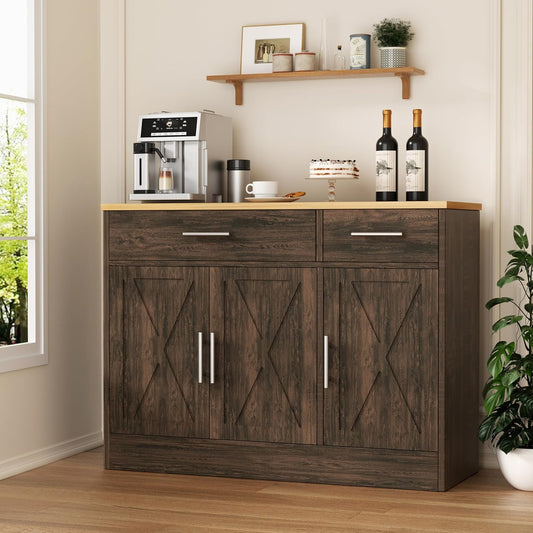 Shintenchi 3 Doors Farmhouse Sideboard Buffet Cabinet,42" Barn Doors Buffet Cabinet with Storage,Wood Coffee Bar Cabinet with Adjustable Shelf for Kitchen,Living Room,Brown