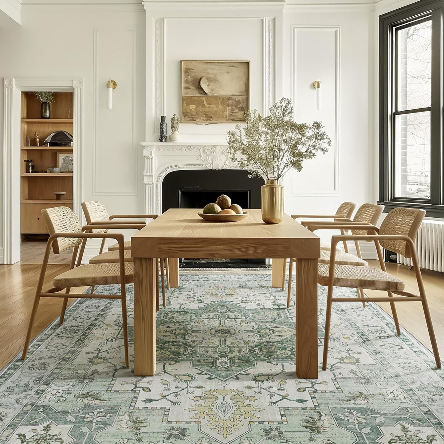 GENIMO 7'6''x9'6'' Area Rugs for Living Room, Machine Washable Non Slip Vintage Rugs, Low Pile Lightweight Chenille Print Rug for Bedroom, Dining Room, Home Office, Green