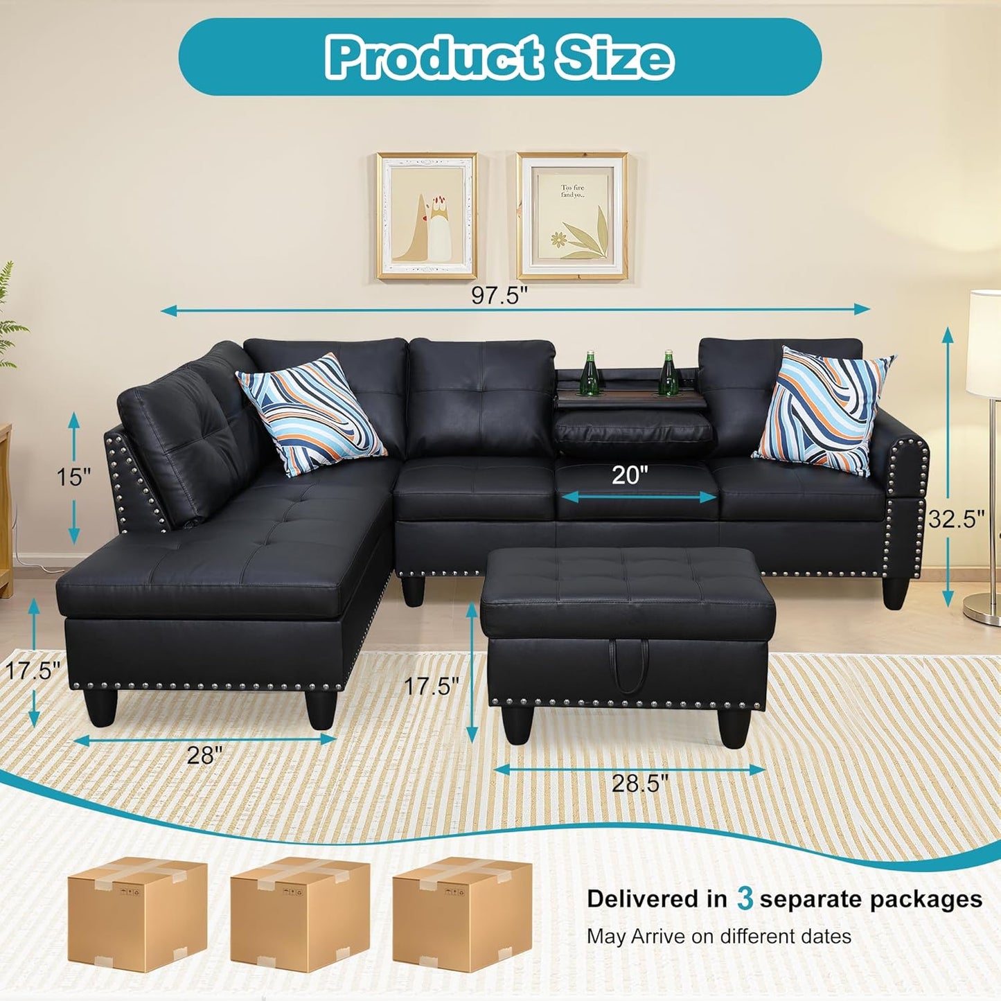 L Shaped Couch Faux Leather Sectional Couch Upholstered 3 Pieces Sofas for Living Room with Chaise, Storage Ottoman for Office and Small Apartment, Graceful Black