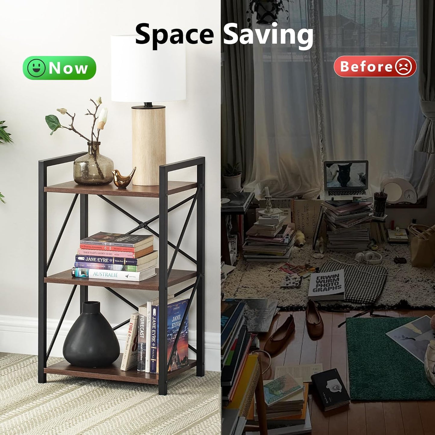 3 Tiers Bookshelf, Home Office Bookcase Shelf Storage Organizer for Bedroom, Living Room and Home Office, Walnut Brown(Small)