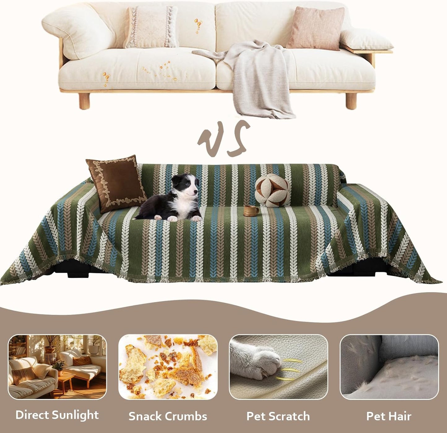 STACYPIK Thick Jacquard Green Couch Cover, Washable Sofa Cover for 3 Cushion Couch, Washable Chenille Couch Cover Blanket, Multi-use Sofa Protector Slipcover, Furniture Protector Pet-Friendly-71X150IN