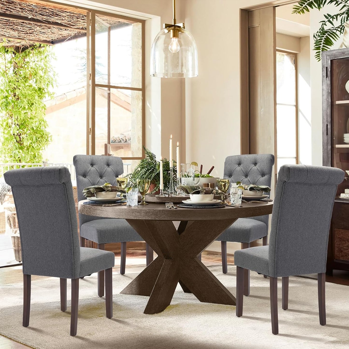 COLAMY Tufted Dining Chairs Set of 6, Parsons Dining Room Chairs Upholstered Fabric Diner Chair Stylish Kitchen Chairs with Solid Wood Legs and Padded Seat - Grey