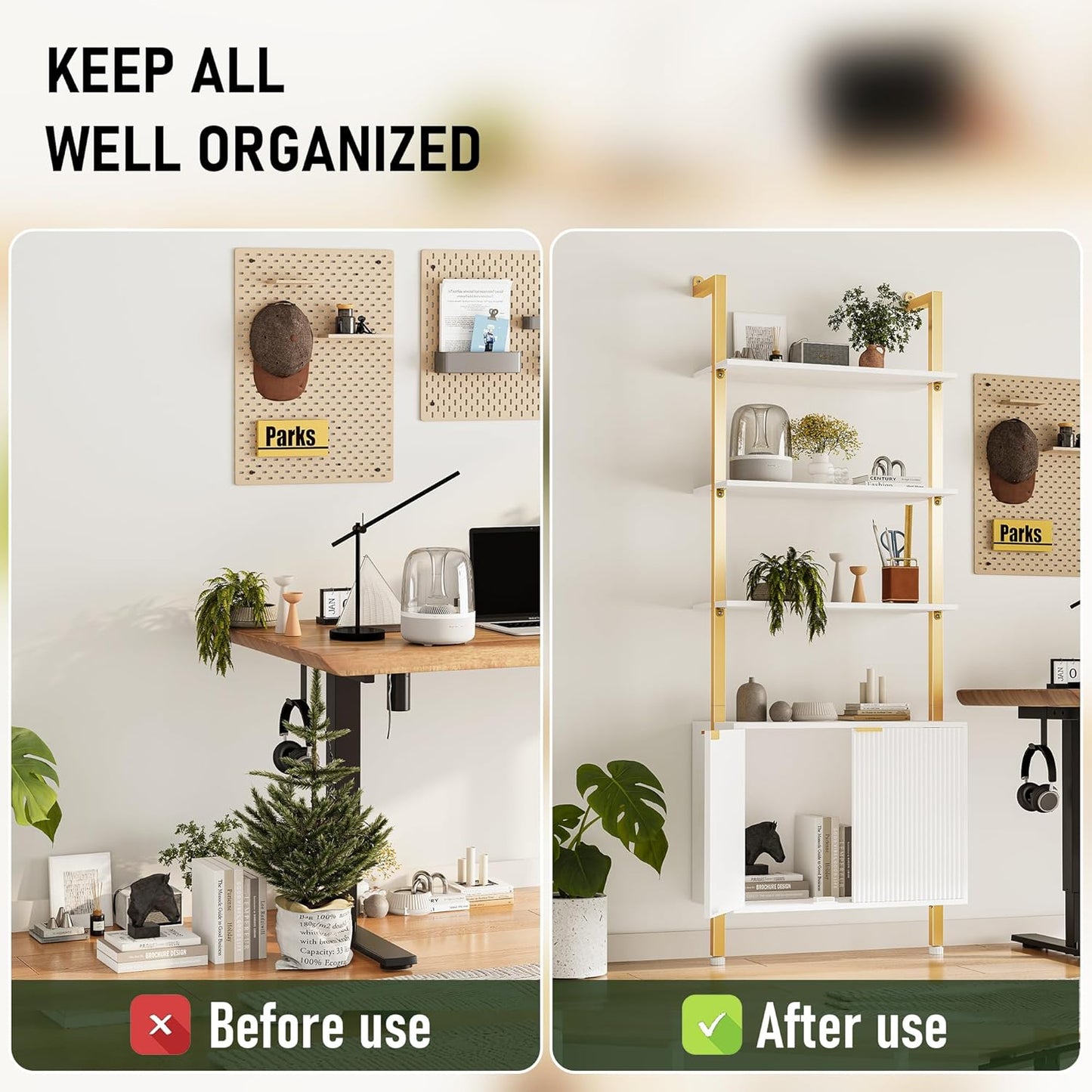 74" Tall Bookshelf with Storage Cabinet, Modern Ladder Shelf with Wood and Metal Frame, Wall Mount Bookcase Open Display Shelf Furniture for Living Room, Bedroom, Home Office, Gold