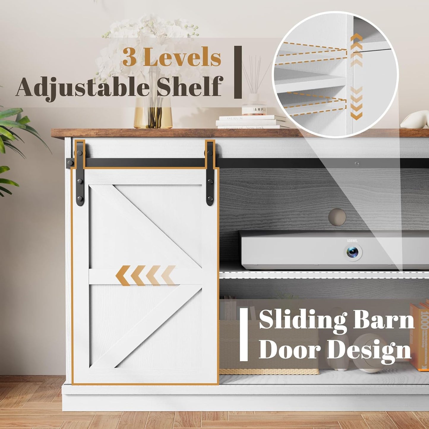 YESHOMY TV Stand for Televisions up to 65 Inchs, with Sliding Barn Doors and 4 Storage Drawers, Console Table and Media Furniture for Living Room, 58 Inch, Milk White