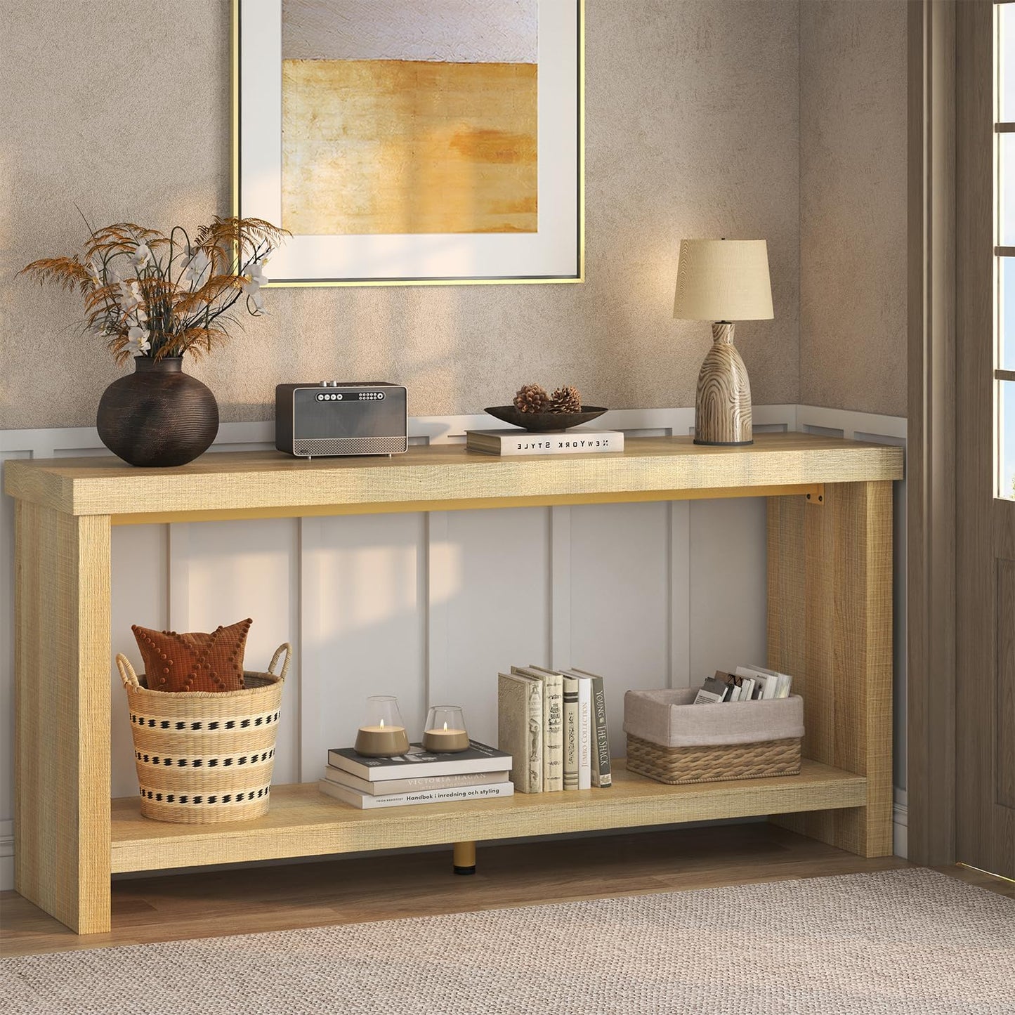 63 Inches Narrow Console Table, 2-Tier Long Sofa Tables Behind Couch Table, Farmhouse Foyer Tables for Entryway, Hallway, Living Room, Oak Natural