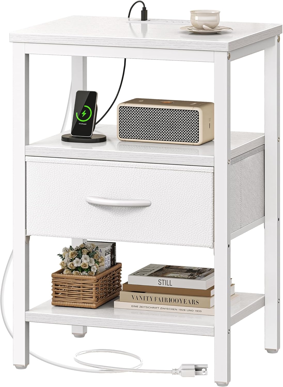 SUPERJARE Nightstand with Charging Station, Bed Side Table with Adjustable Fabric Drawer, Night Stand for Bedroom, 3-Tier Storage End Table, for Living Room, White