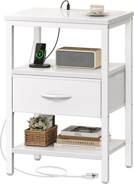 SUPERJARE Nightstand with Charging Station, Bed Side Table with Adjustable Fabric Drawer, Night Stand for Bedroom, 3-Tier Storage End Table, for Living Room, White