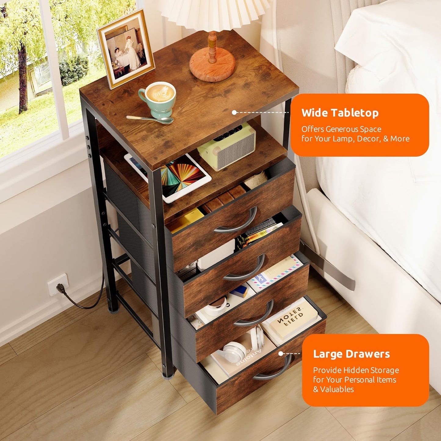 NightStand Bedside Charging Table Bedroom - Night Stand with Charger Station, Modern Nightstand with Open Shelf & 4 Fabric Drawers, Bed Side Table with USB-C USB Ports & AC Outlets for Dorm