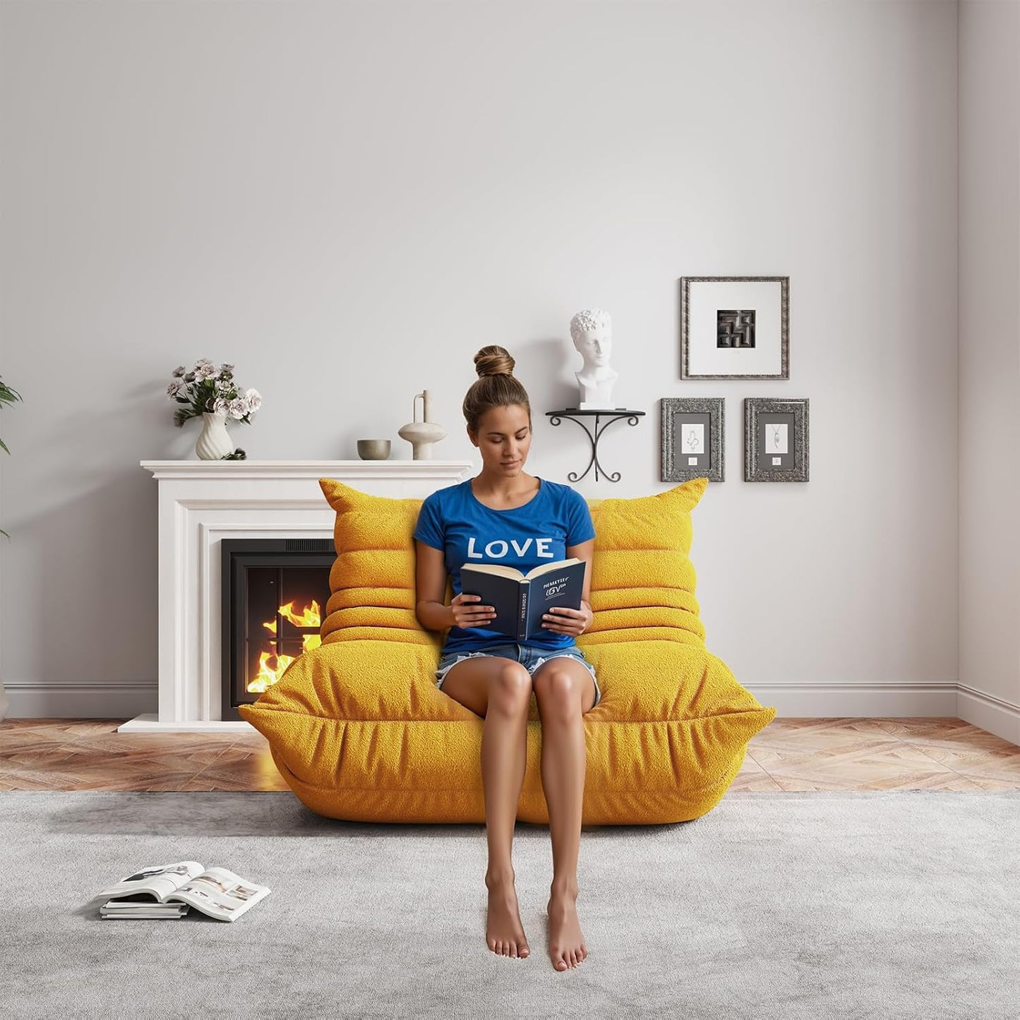 Bean Bag Chairs for Adults, BeanBag Reading Chair Memory Foam Couch, Floor Chair Soft Teddy Material, Comfy Reading Nook Chairs for Bedroom Living Room Office (Yellow)