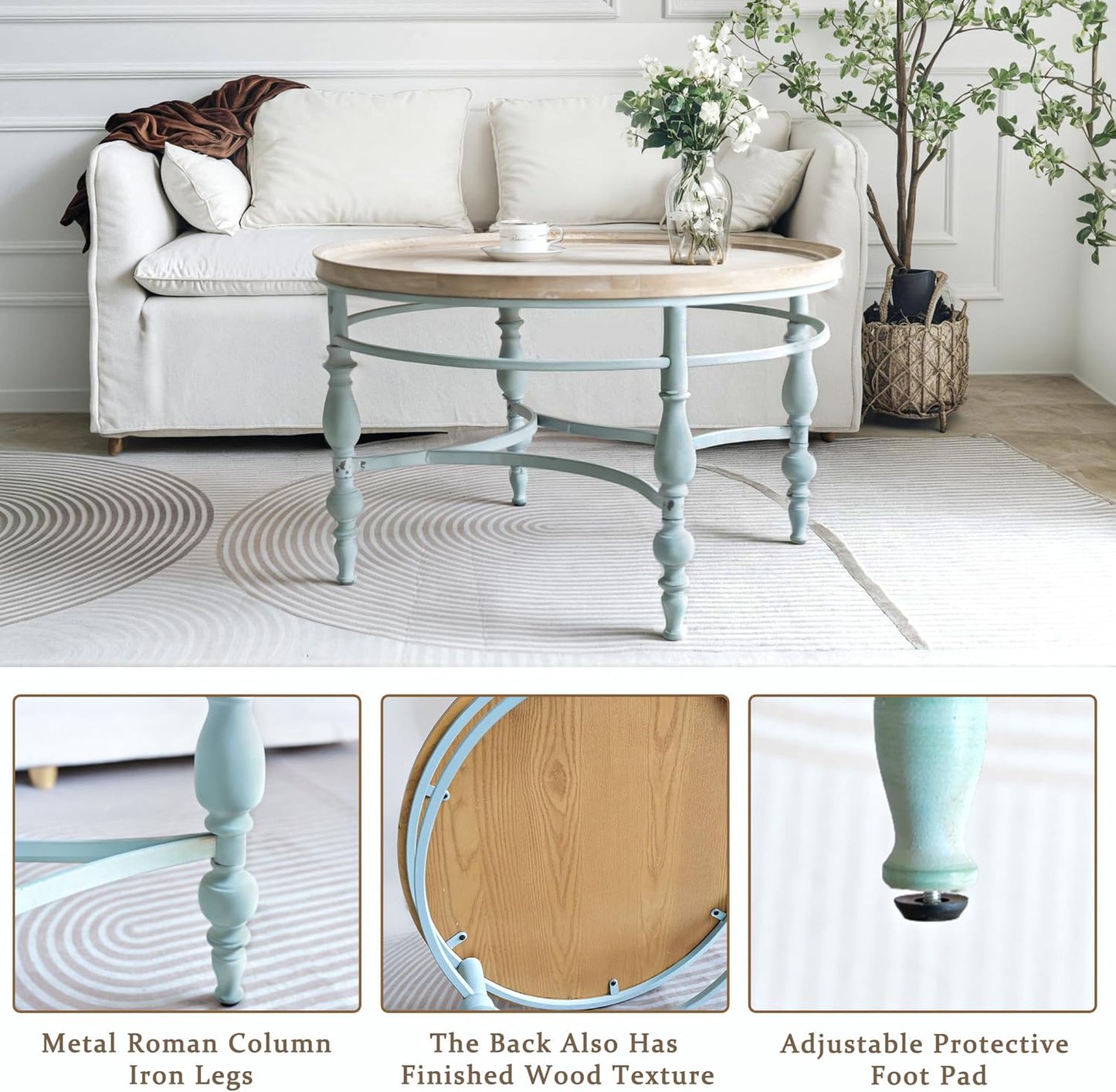 Rustic Farmhouse Round Coffee Table, French Country Vintage Center Table,φ31.5'' x18.9''H Rustic Solid Wood with Vintage Iron Legs, for Living Room, Bedroom,Dinning Room,Nature White