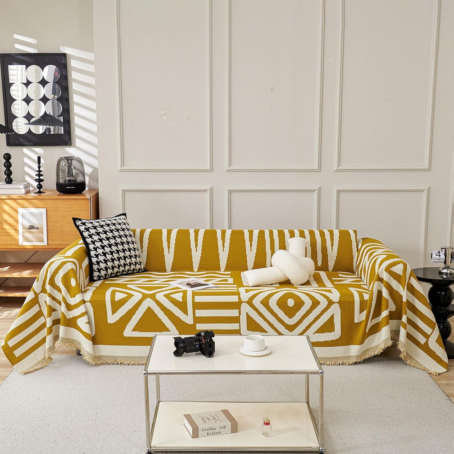 STACYPIK Mustard Yellow Boho Sofa Cover Couch Cover Reversible Jacquard Furniture Protector for 3 Cushion Couch L Shaped Sofa Slipcover Non-Silp Sofa Cushion Covers for Sectional with Tassels-91X150IN