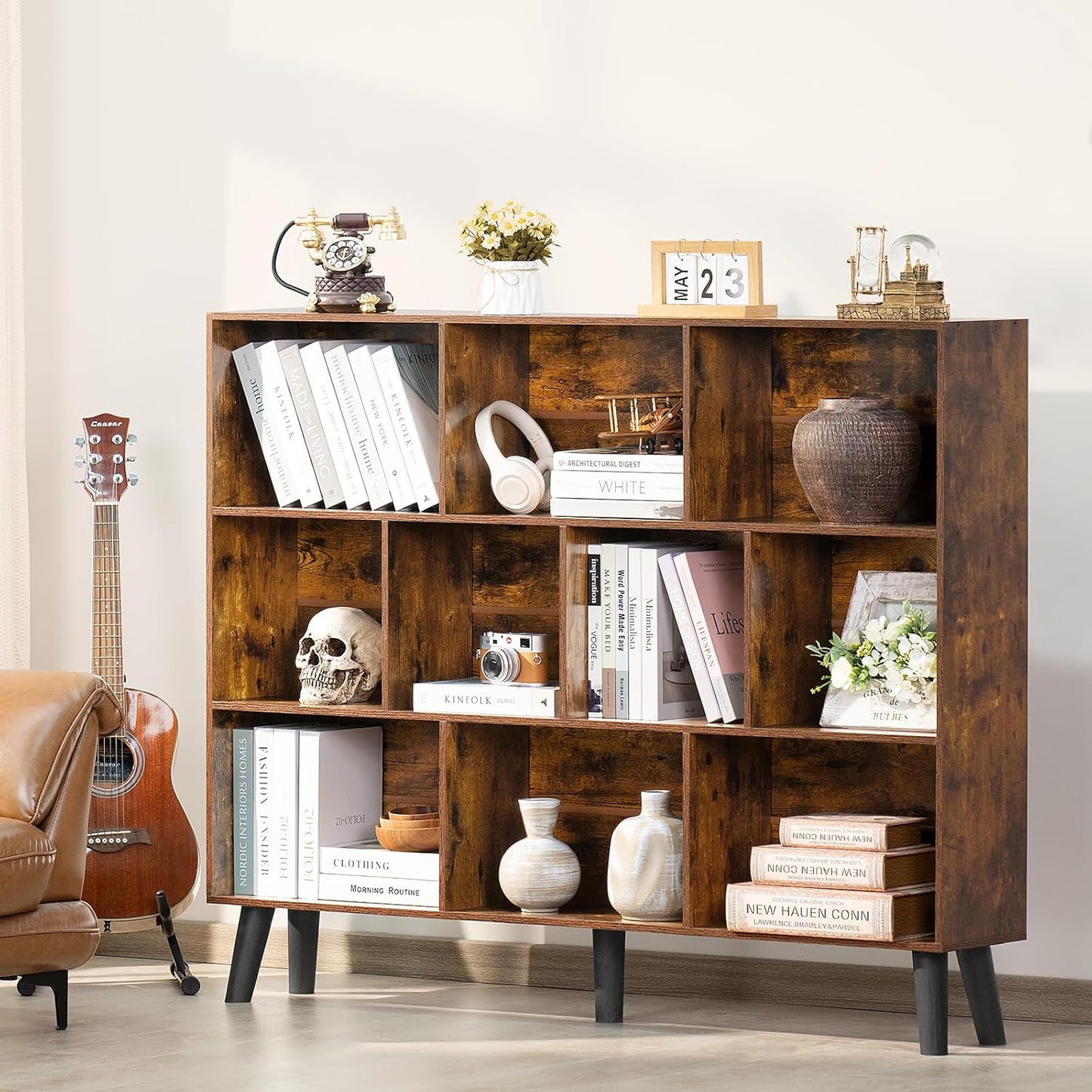 LEYAOYAO 10 Cube Bookshelf, 3 Tier Vintage 55.12" Wide Bookcase with Legs, Mid-Century Wood Bookshelves Storage, Brown Large Book Case, Freestanding Organizer Display Shelf for Living Room, Office