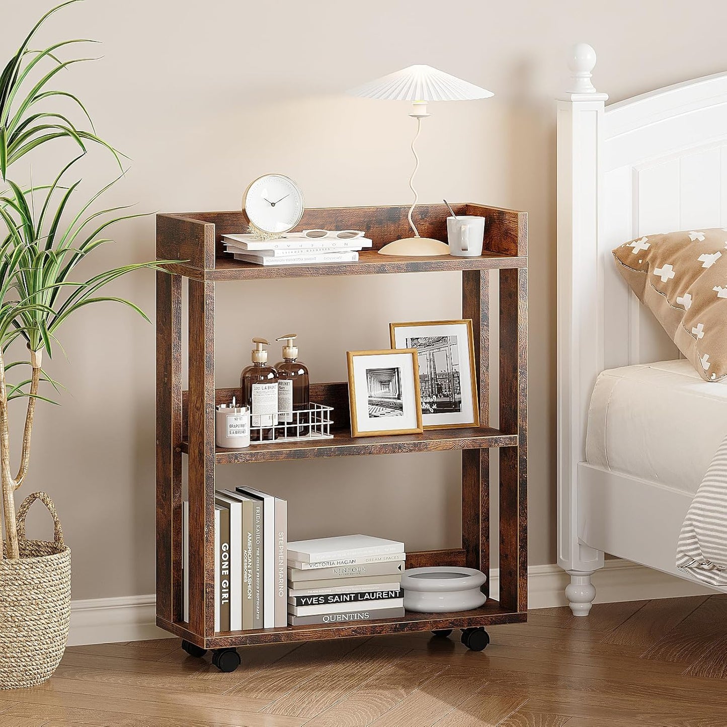 ALISENED 3 Tier Nightstand with Wheels, Wood Small Bookshelf and Bookcase, Farmhouse Bedside End Table with Storage Rack for Bedroom, Library, Living Room, Home, Office Cart, Rustic