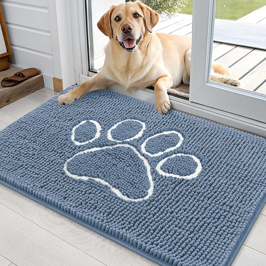 OLANLY Door Mat for Muddy Dog Paws 36x24, Absorbent Chenille Doormat with Paw Print Design, Non-Slip Washable Doormat for Indoor Entryway, Quick-Dry Pet Bed Mats for Dirty Dogs, Airy Blue and White