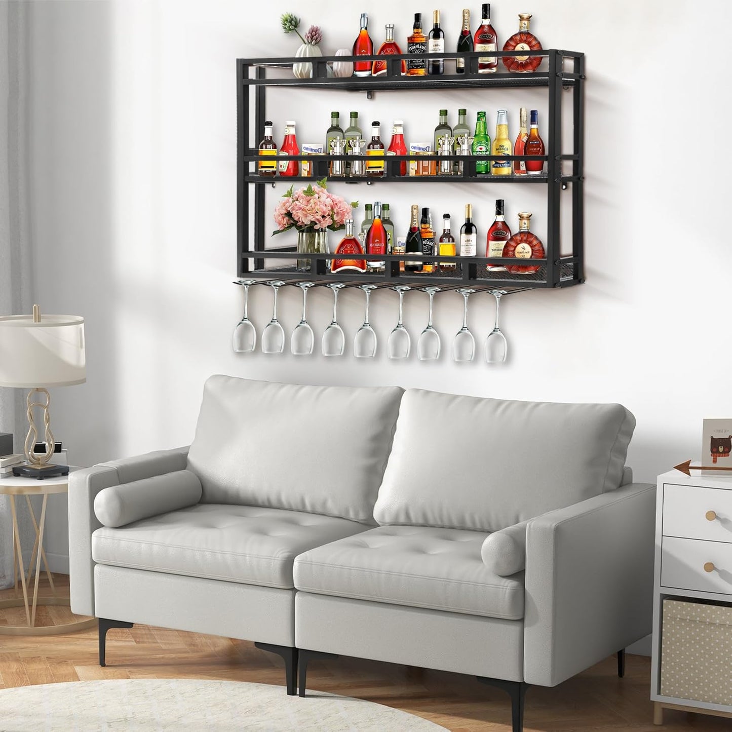 Metal Wine Rack Wall Mounted, Bar Shelves for Liquor Bottles with LED Light, 3 Tier Large Capacity Liquor Rack Wall Mounted with Glass Holder for Home Bar & Dining Room （Black, 79in/200cm）