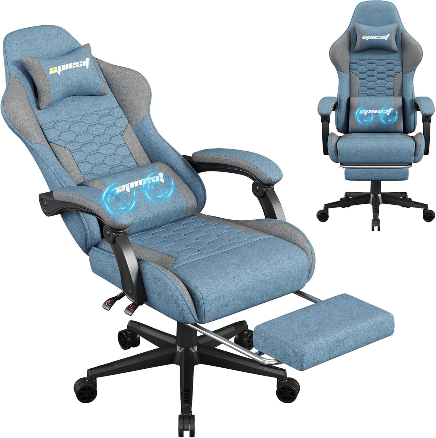 Gaming Chair, Computer Chairs for Adults with Lumbar Support and Massager, Comfortable Gamer Chair with Footrest & Pocket Spring Cushion, Ergonomic Home Office Chair, Blue, Fabric