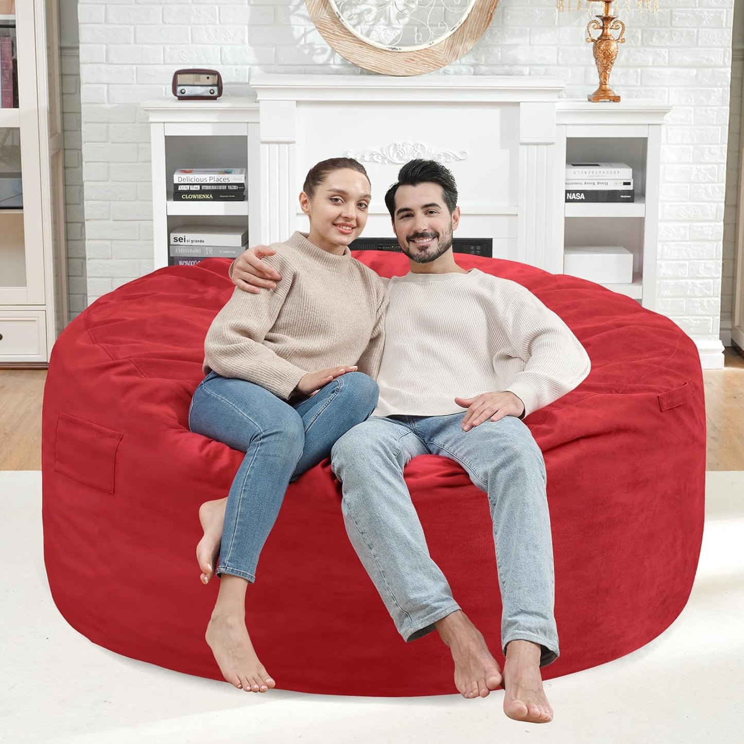4FT Bean Bag Chair, Large Bean Bag Chairs with Memory Foam Filled, Fluffy Beanbag Sofa with Dutch Velvet Cover, Round BeanBag Chairs for Living Room, Playroom - Red