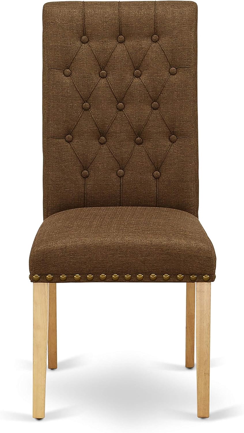 East West Furniture ESBR3-OAK-18 3 Piece Kitchen Table & Chairs Set Contains a Round Dining Room Table with Pedestal and 2 Brown Linen Linen Fabric Parsons Chairs, 30x30 Inch, Oak