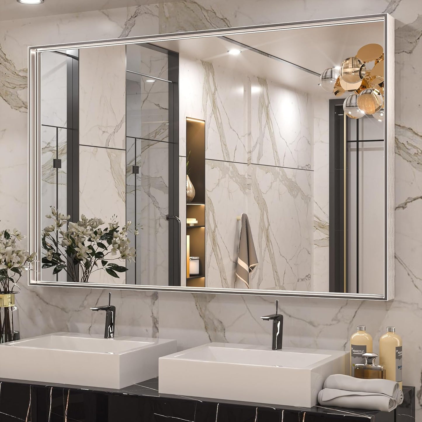 Keonjinn Silver Bathroom Mirror 55 x 36 Inch Large Rectangle Wall Mirror for Vanity Metal Framed Farmhouse Mirror Square Corner Modern Rectangular Mirror for Bathroom Sink(Horizontal/Vertical)