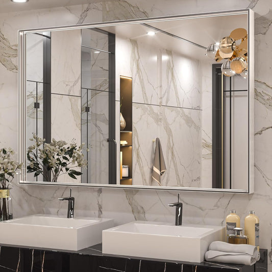 Keonjinn Silver Bathroom Mirror 55 x 36 Inch Large Rectangle Wall Mirror for Vanity Metal Framed Farmhouse Mirror Square Corner Modern Rectangular Mirror for Bathroom Sink(Horizontal/Vertical)