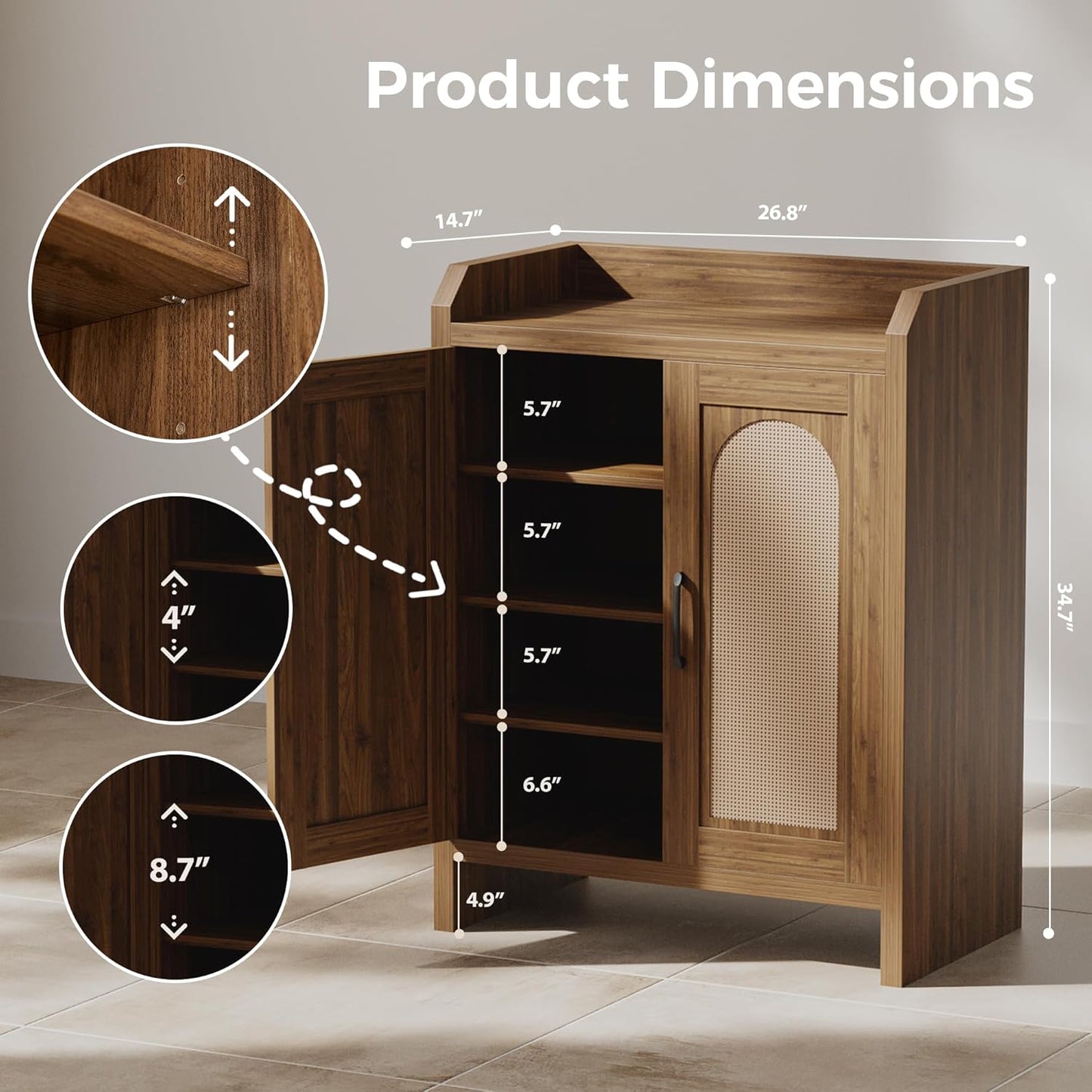 Shoe Cabinet Storage for Entryway, Natural Rattan Storage Cabinet, Wooden Shoe Rack, Farmhouse Boho Wood Shoe Organizer Cabinet for Hallway Walnut