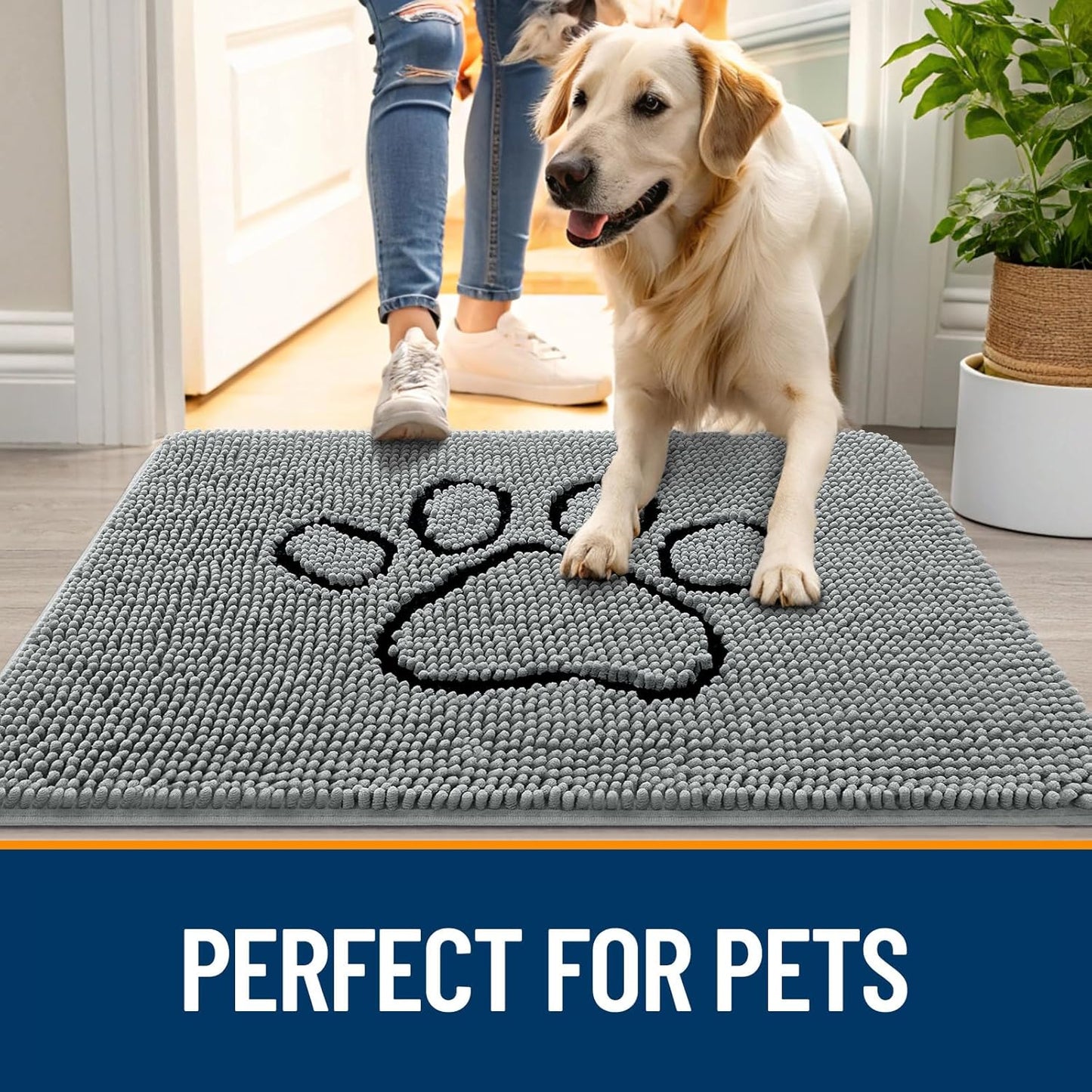 OLANLY Door Mat for Muddy Dog Paws 59x35, Ultra Absorbent Chenille Mud Doormat with Paw Print Design, Non-Slip Washable Doormat for Indoor Entryway, Quick-Dry Pet Bed Mats for Dirty Dogs, Grey