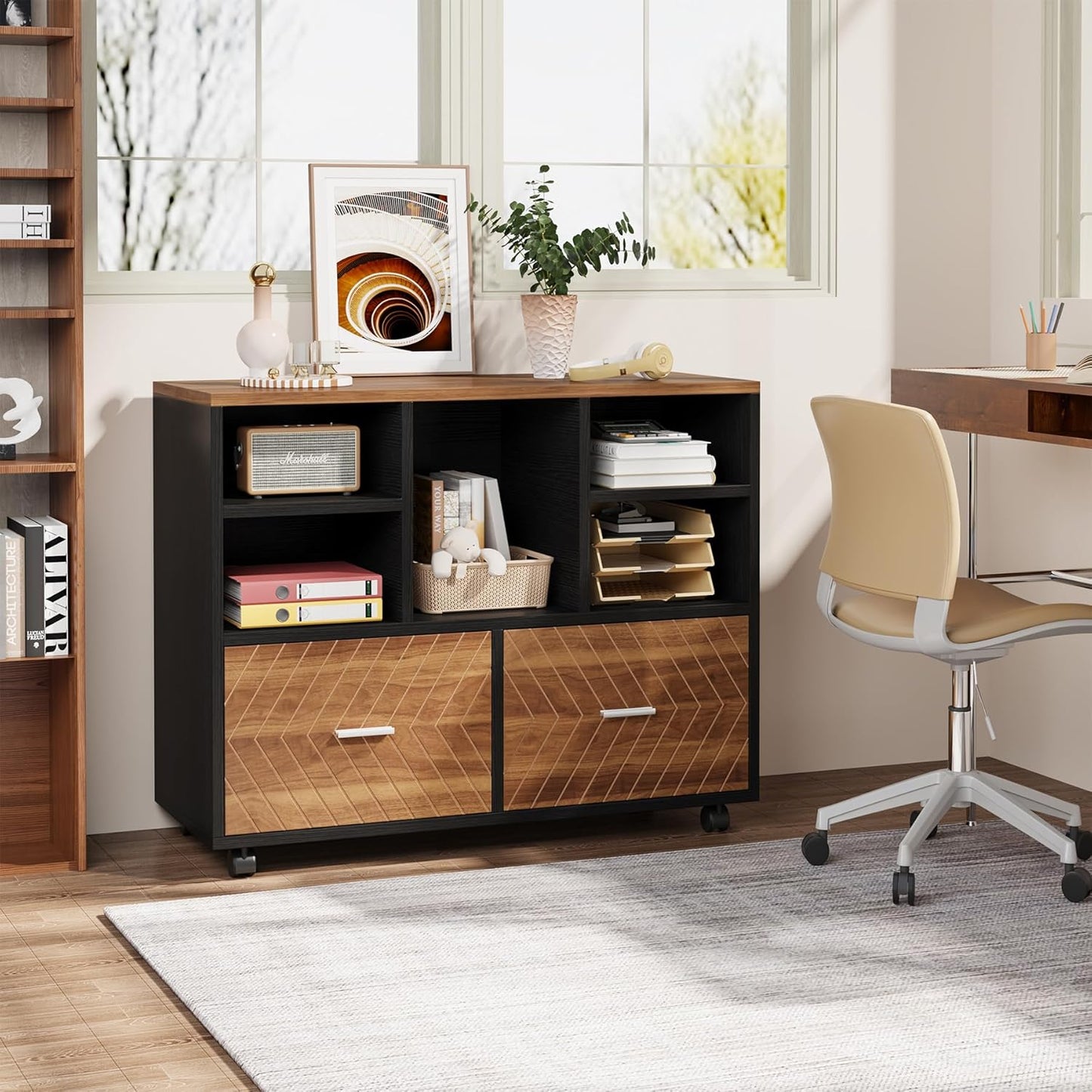 Tribesigns 2-Drawer Wood File Cabinet, Mobile Lateral Filing Cabinet for Hanging Letter Size Files, Printer Stand with Open Storage Shelves for Home Office (Walnut & Black)