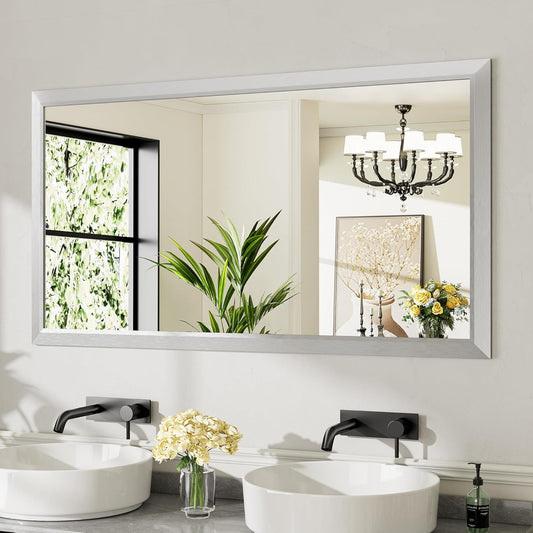 55x30 Inch Silver Bathroom Mirror for Wall, Thick Metal Framed Rectangle Mirrors for Over Sink, Bedroom, Living Room, Entryway, Anti-Rust, HD Tempered Glass