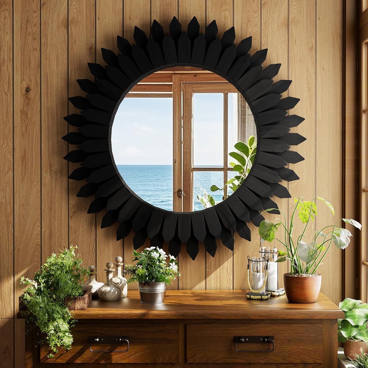 24 Inch Black Boho Wall Decor Sunburst Mirror - Round Wooden Wall Decor, Handmade Rustic Circular Mirror for Living Room, Bedroom, Entryway, Office