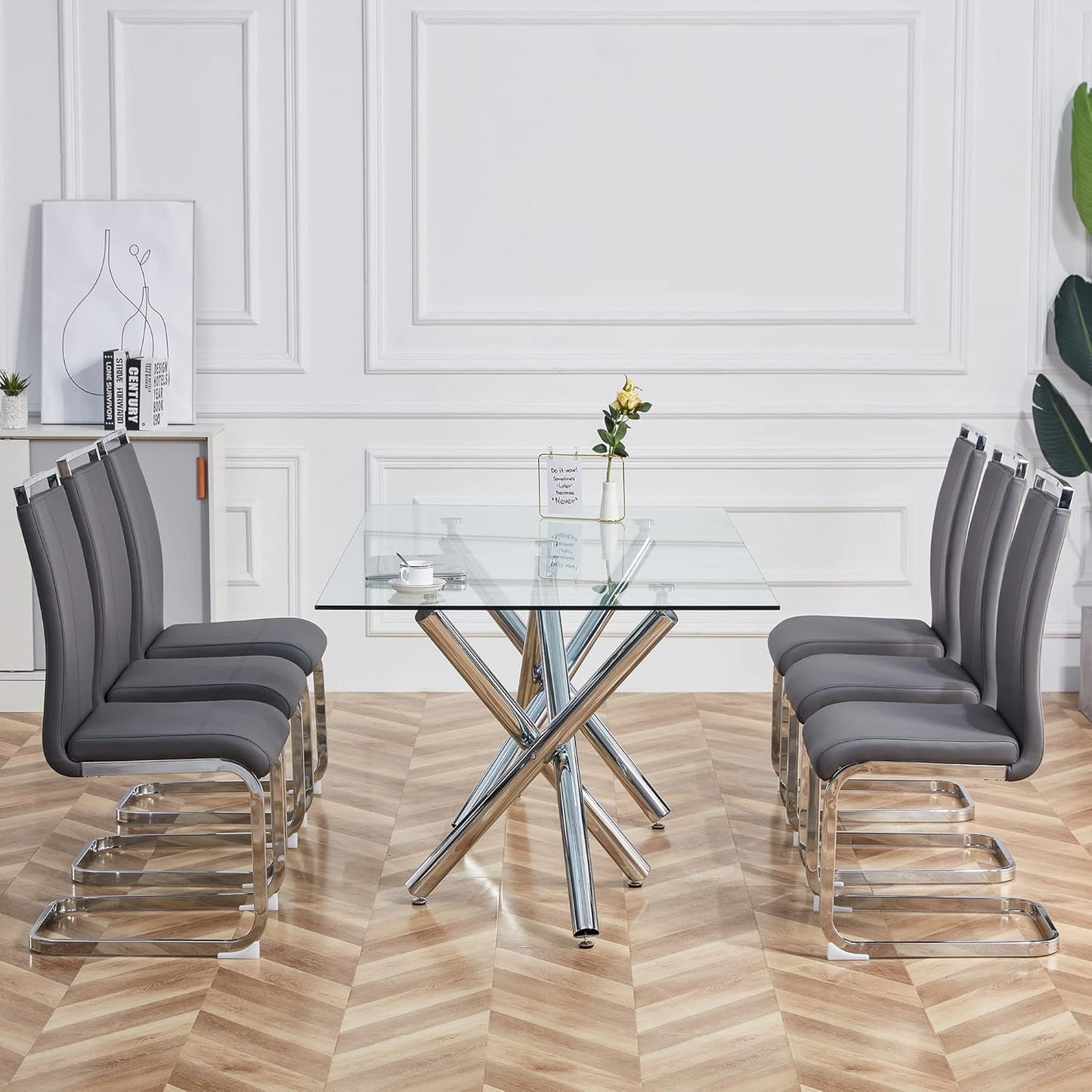 Dining Chairs Set, Kitchen Modern Metal Chairs with Faux Leather Padded Seat High Back and Sturdy Chrome Legs, Chairs for Dining Room (Grey, Set of 6)