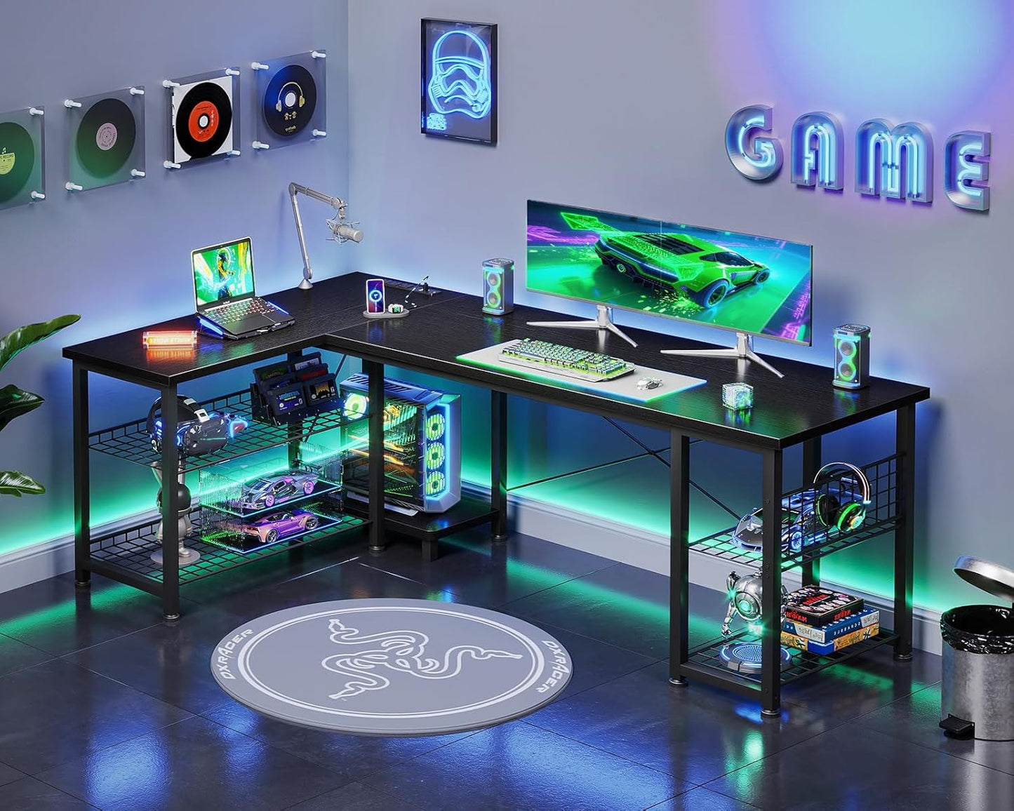 Casaottima 59 Inch L Shaped Gaming Desk with Shelves & Power Outlets, Reversible Computer Desk with Storage Shelves for Home Office, Black