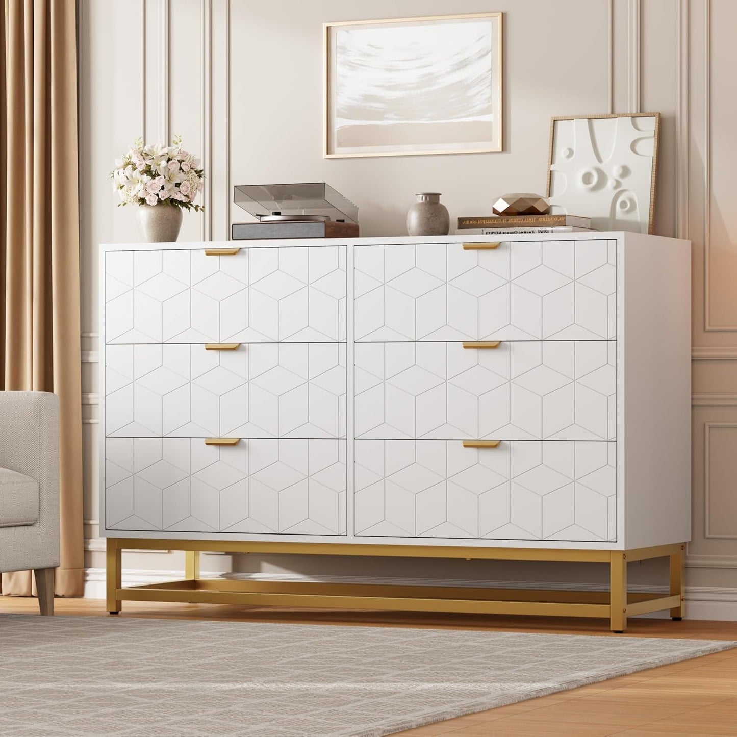 GAOMON White Dresser for Bedroom,Modern 6 Drawer Double Dresser with Gold Handles,Long Storage Organizer for TV Stand & Closet,Large Chest of Drawers for Living Room,Hallway,Entryway