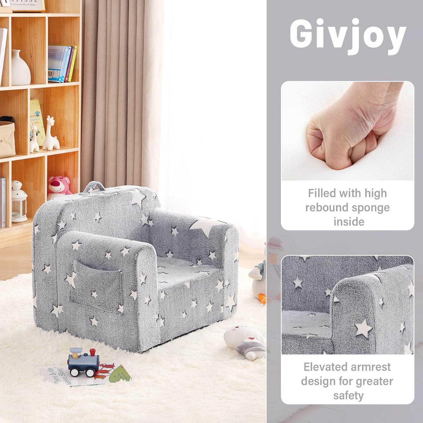 Toddler Chair Plush Kids Couch, Comfy Glow in The Dark Armchair with Removable and Washable Cover Carrying Handle Kids Sofa, Convertible Reading Chair Toddler Couch for Girls and Boys