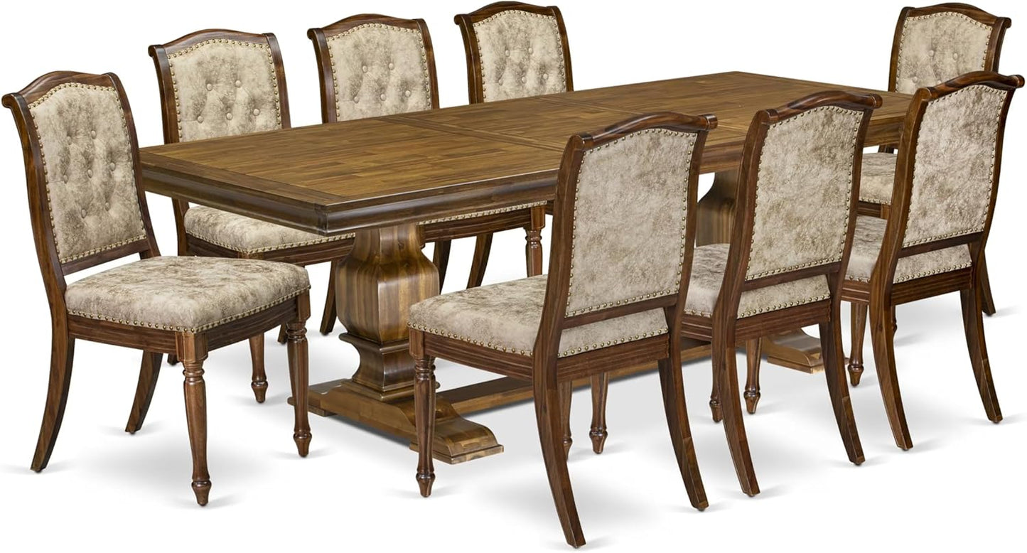 LKMA9-AWA-36 9 Pieces Dining Table Set Includes a Rectangular Dining Table and 8 Light Beige Polyester Fabric Dining Room Chairs, Antique Walnut Finish