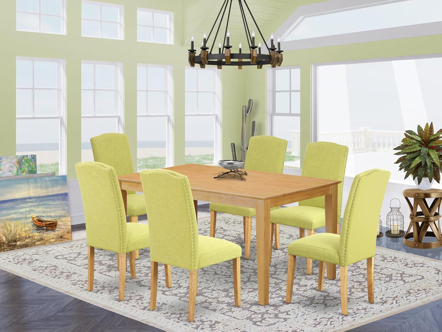 East West Furniture CAEN7-OAK-07 7 Piece Dining Table Set Consist of a Rectangle Kitchen Table and 6 Limelight Linen Fabric Parson Dining Chairs, 36x60 Inch, Oak