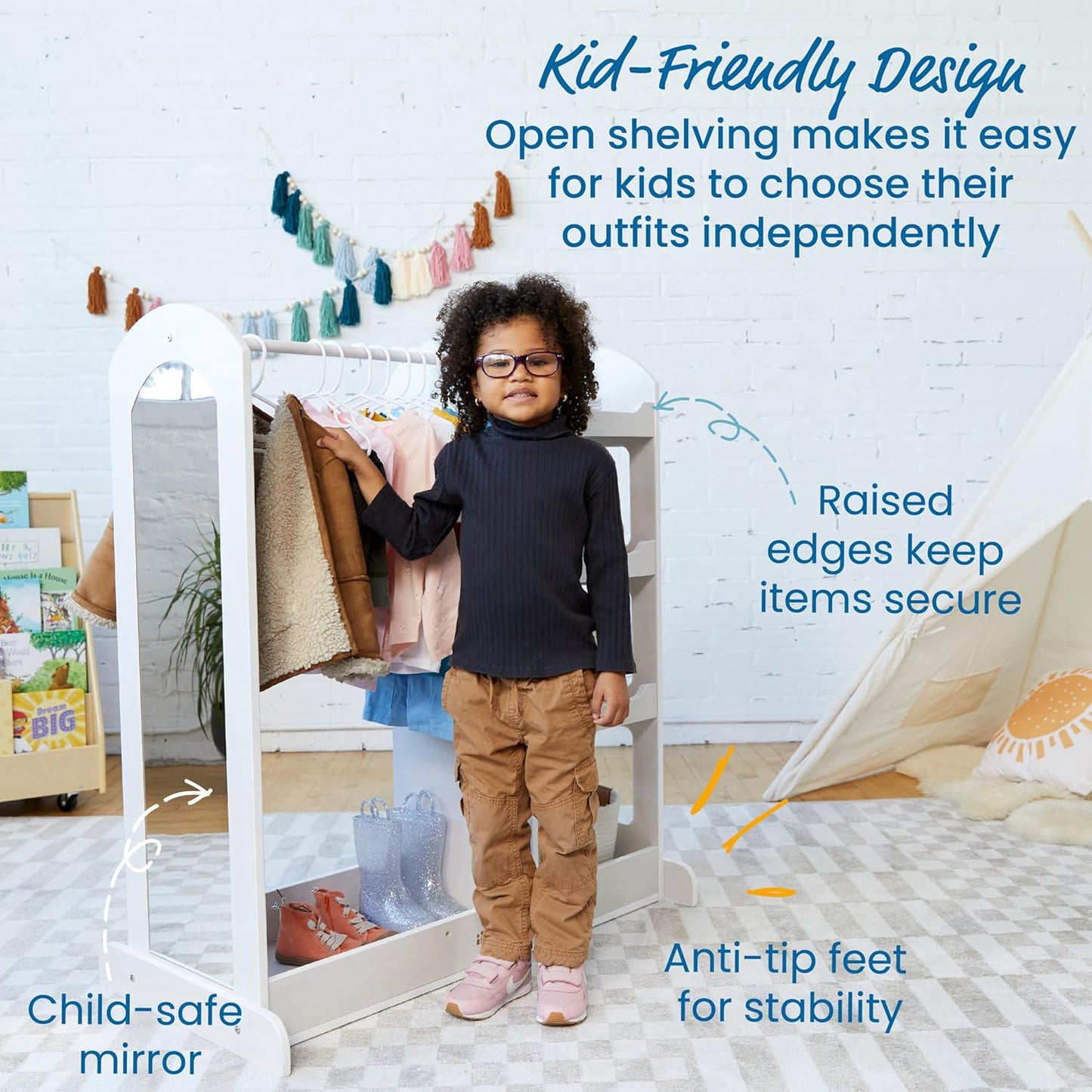 ECR4Kids Dress Up Center with Mirror, Costume Organizer, White Wash