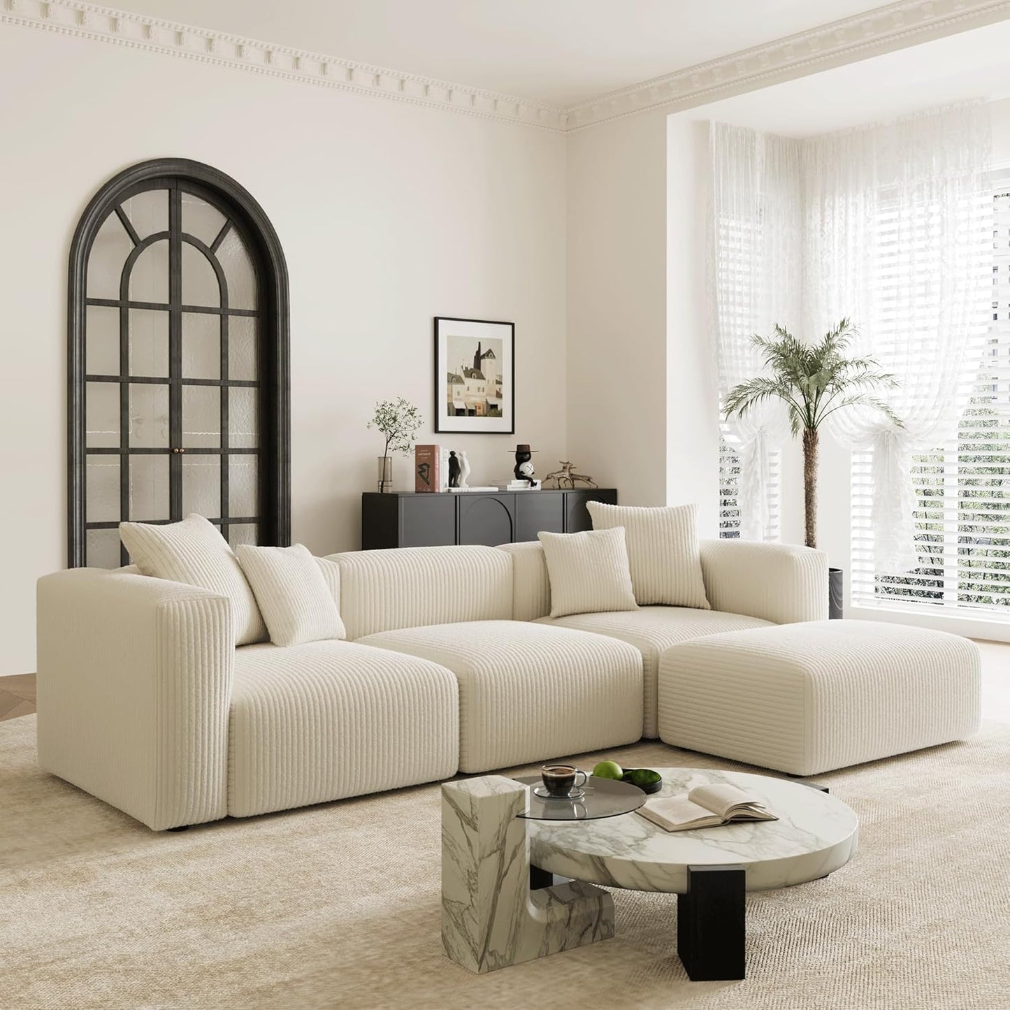 Acanva Convertible Modular Sectional Sofa with Movable Ottomans, Free Combination Corduroy Couch for Living Room Apartments, L-Shaped, White