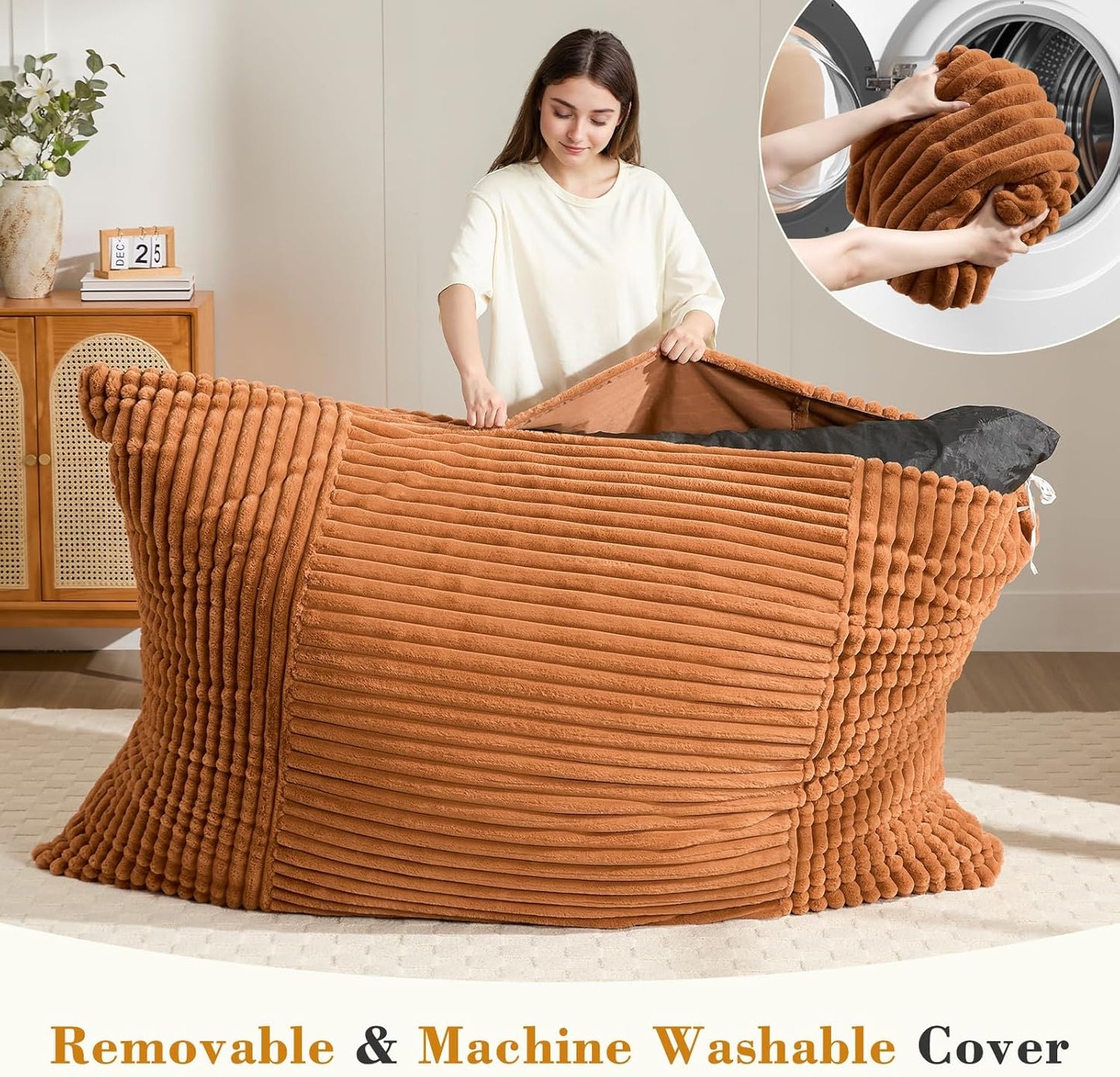 3-in-1 Giant Bean Bag Chair for Adults & Kid, Convertible Floor Sofa to Mattress, High-Density Foam Chair Bed with Washable Cover, Multi Functional Lounge Couch for Bedroom, Living Room (Orange)