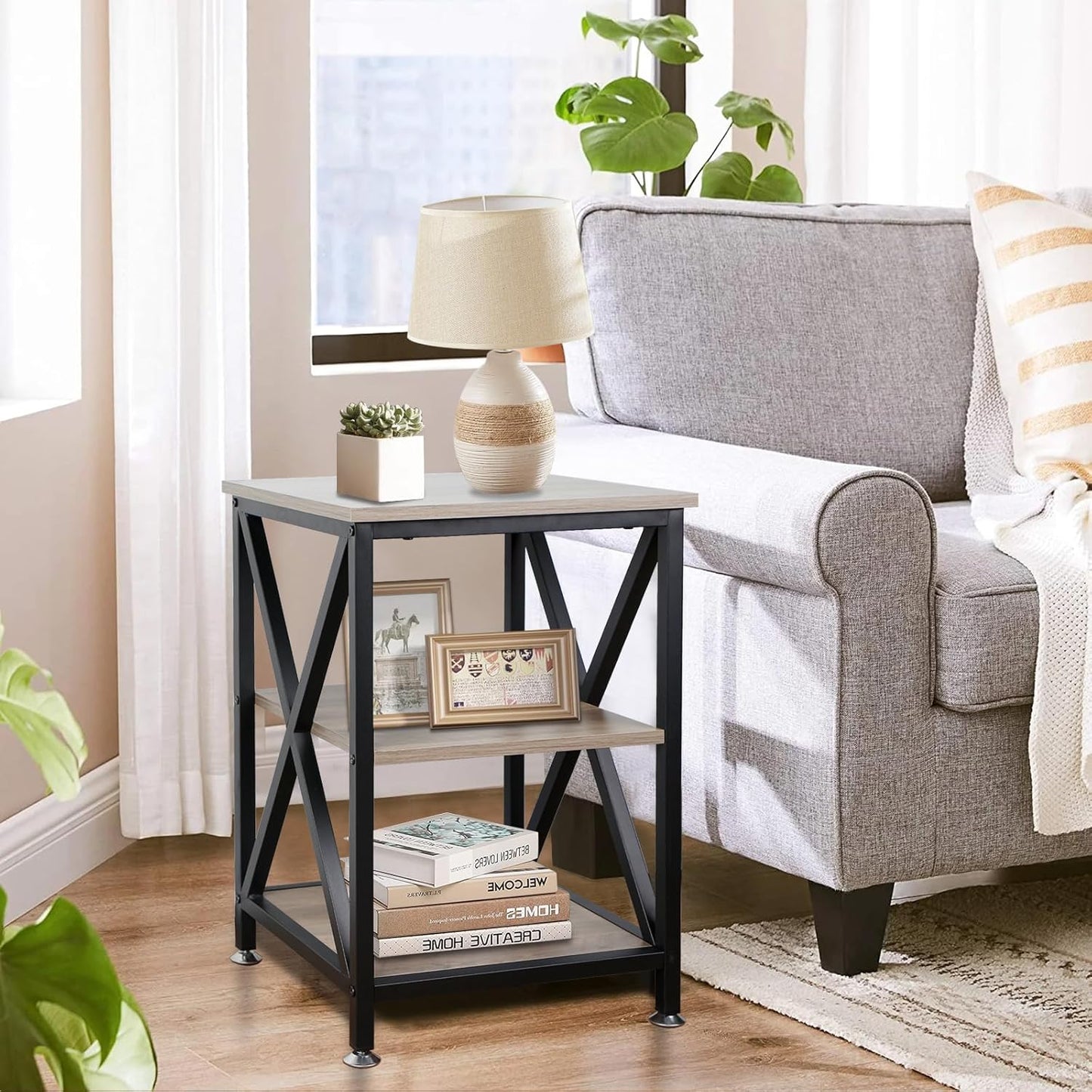 End Tables Living Room, 16" D x 16" W x 24" H, Indoor SideTables Living Room with Storage Shelf, Square End Table, X-Shaped Night Stands for Bedroom, Farmhouse Wood End Tables, Grey