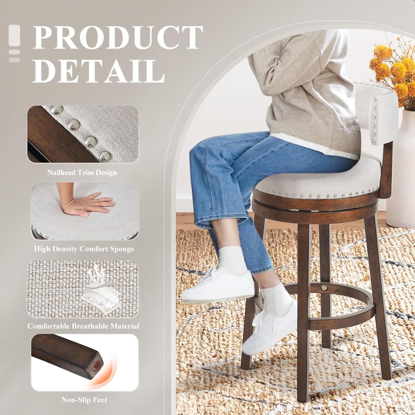 COLAMY Swivel Bar Stools Set of 4, Swivel Counter Height Barstools, 30 Inch Upholstered Barstools for Kitchen Island Dining Room Bar, Beige