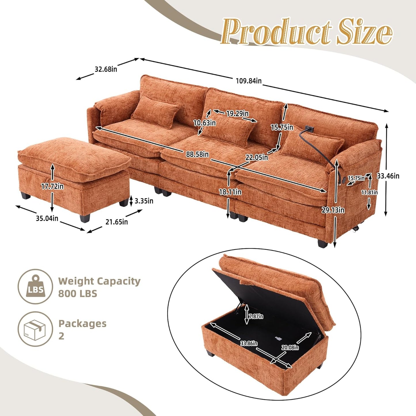 Ball & Cast 109" Oversized Sectional Sofa,Comfy Cloud Couch W/Movable Storage Ottoman,L Shaped Sectional Sofa W/USB Charging Port,Phone Holder&Side Pocke,Chenille Fabric,for Living Room,Orange