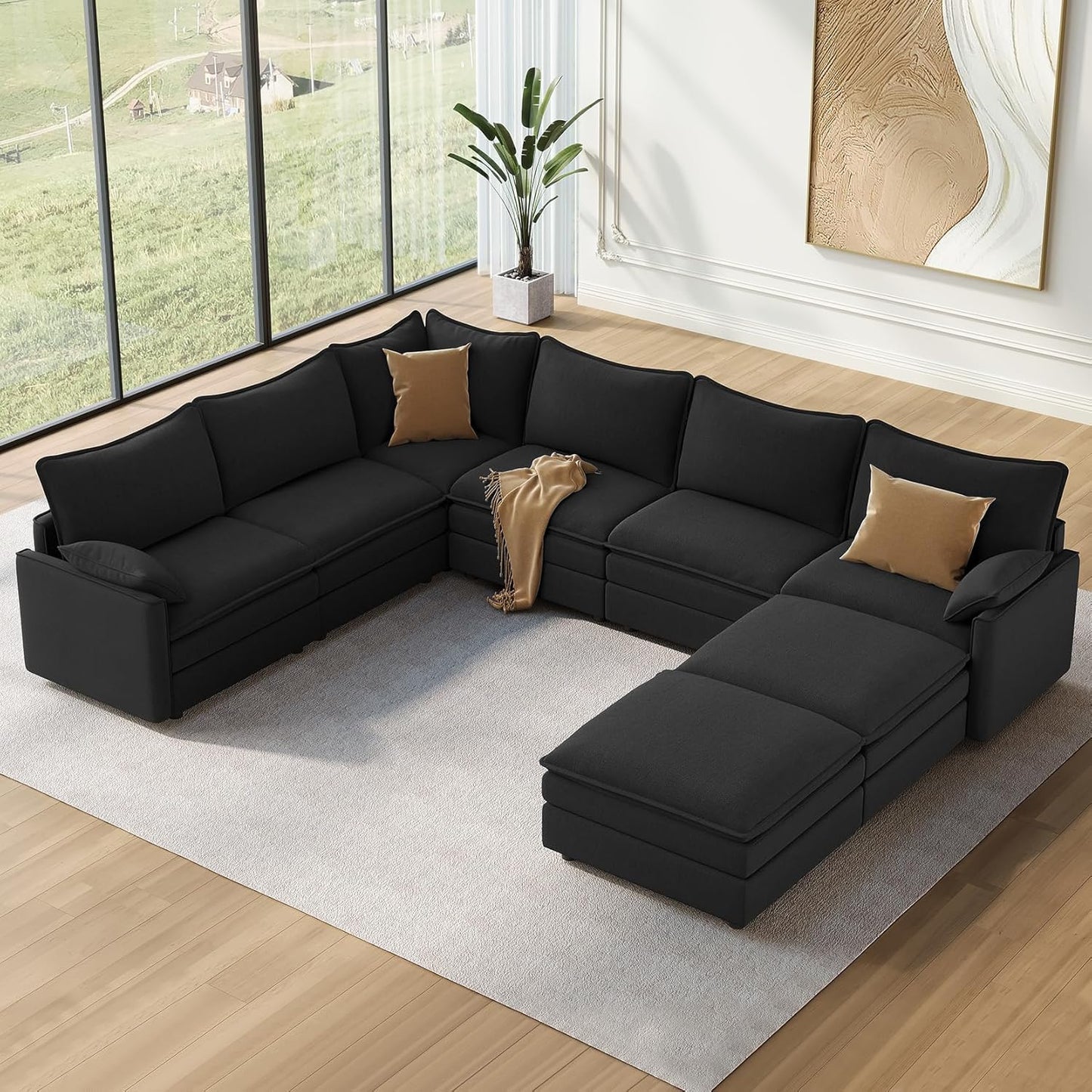 Vesgantti Large Modular Sectional Sofa, Big Comfy Cloud Couch with Ottoman Deep Seat Chenille Cloud Sofa, 8 Seater Large Sectional Couches for Living Room, Bedroom and Apartment, Black