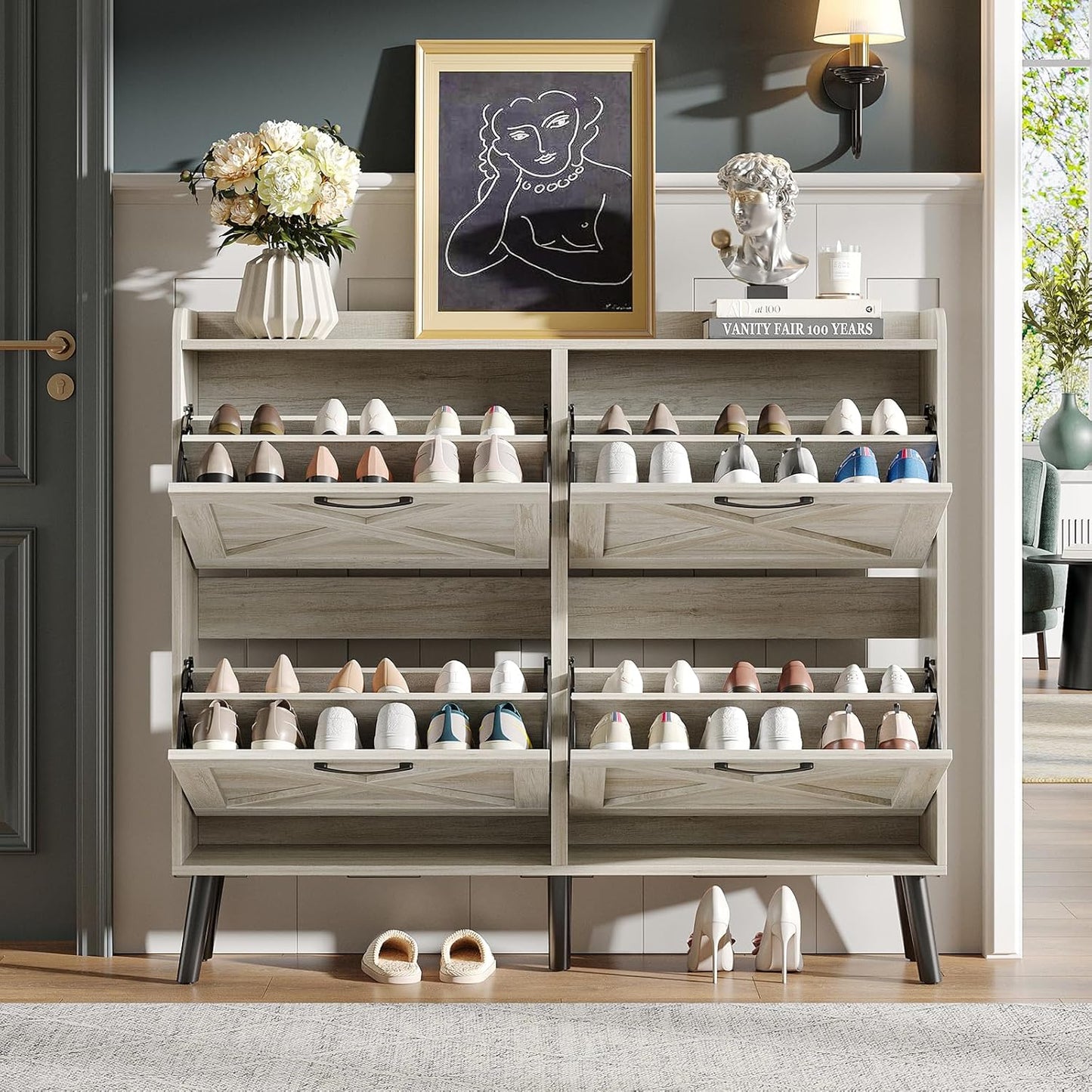 Maupvit Large Shoe Storage Cabinet with 4 Flip Drawers, Narrow Shoe Cabinet for Entryway with Wooden Legs, Freestanding Hidden Shoe Rack Organizer ＆ Metal Hinges, Beige