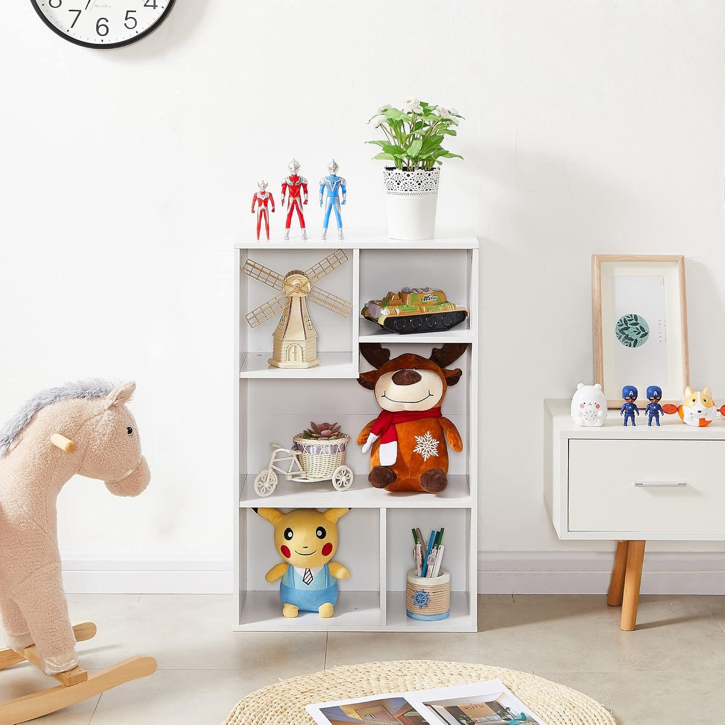 VECELO Small White Bookshelf, 5 Cube Shelf, Fits Tallest Hardcovers, Horizontal Available, Storage Organzier for Home Office, Pearl White