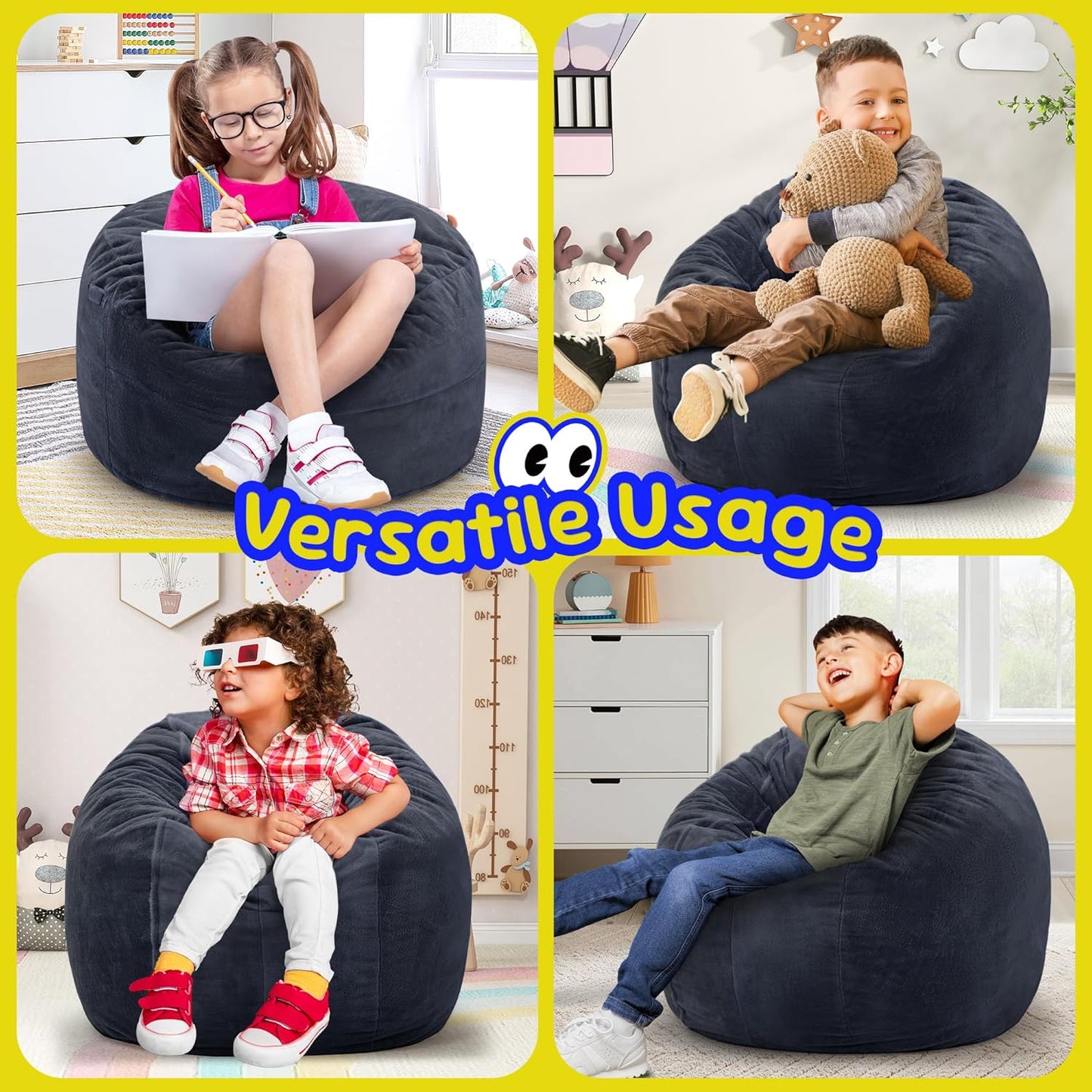 Hobestluk Bean Bag Chairs 2.5FT Beanbag Chair with Plush Faux Fur Cover Memory Foam Bean Bags, Small Bean Bag Chair for Living Room Bedroom, Playroom(Dark Grey)