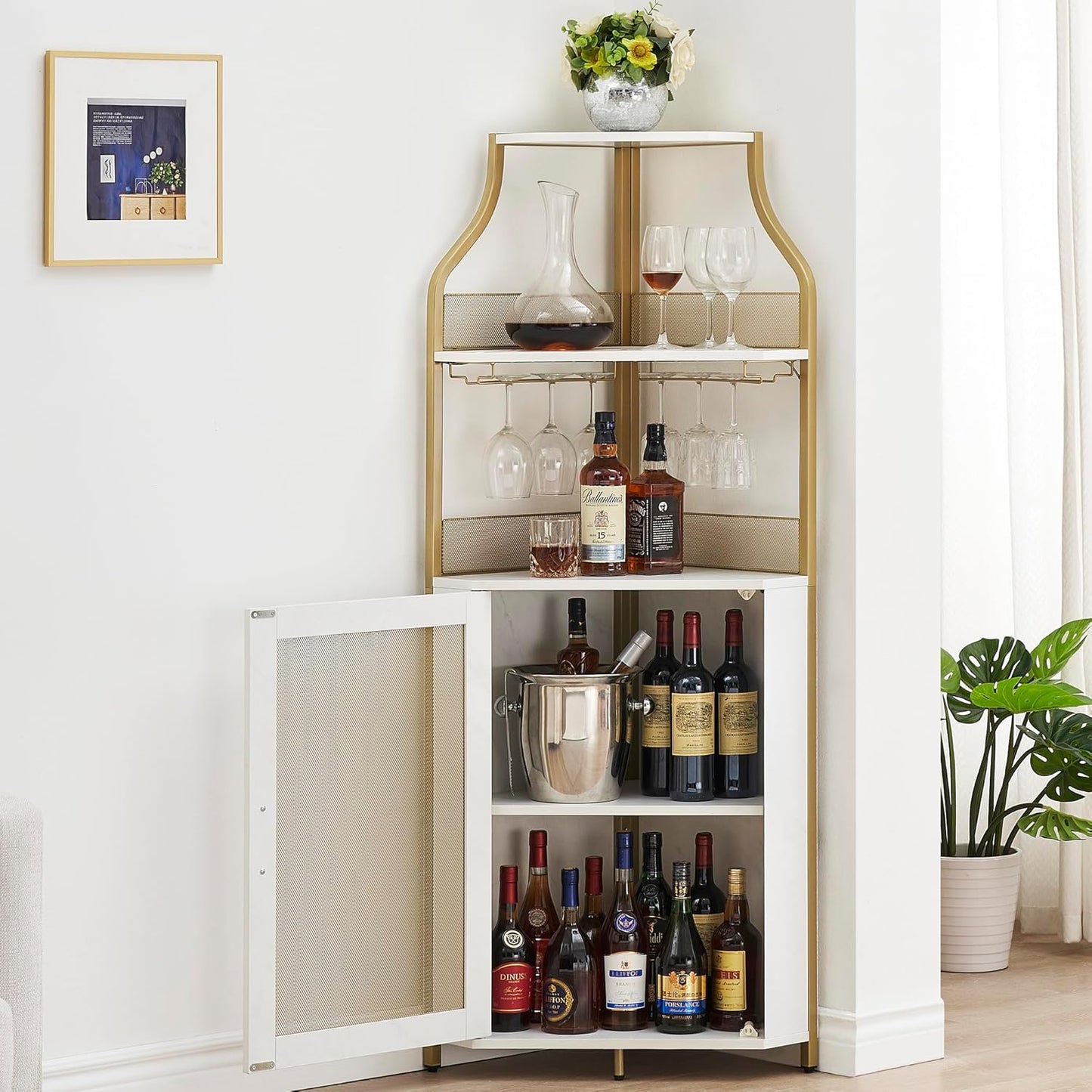 GAOMON Corner Bar Cabinet with Glass Holder, Industrial Wine Cabinet with Adjustble Shelf, 5-Tiers Liquor Cabinet Bar Cabinet for Home, Corner Display Cabinet for Small Space, Faux Marble