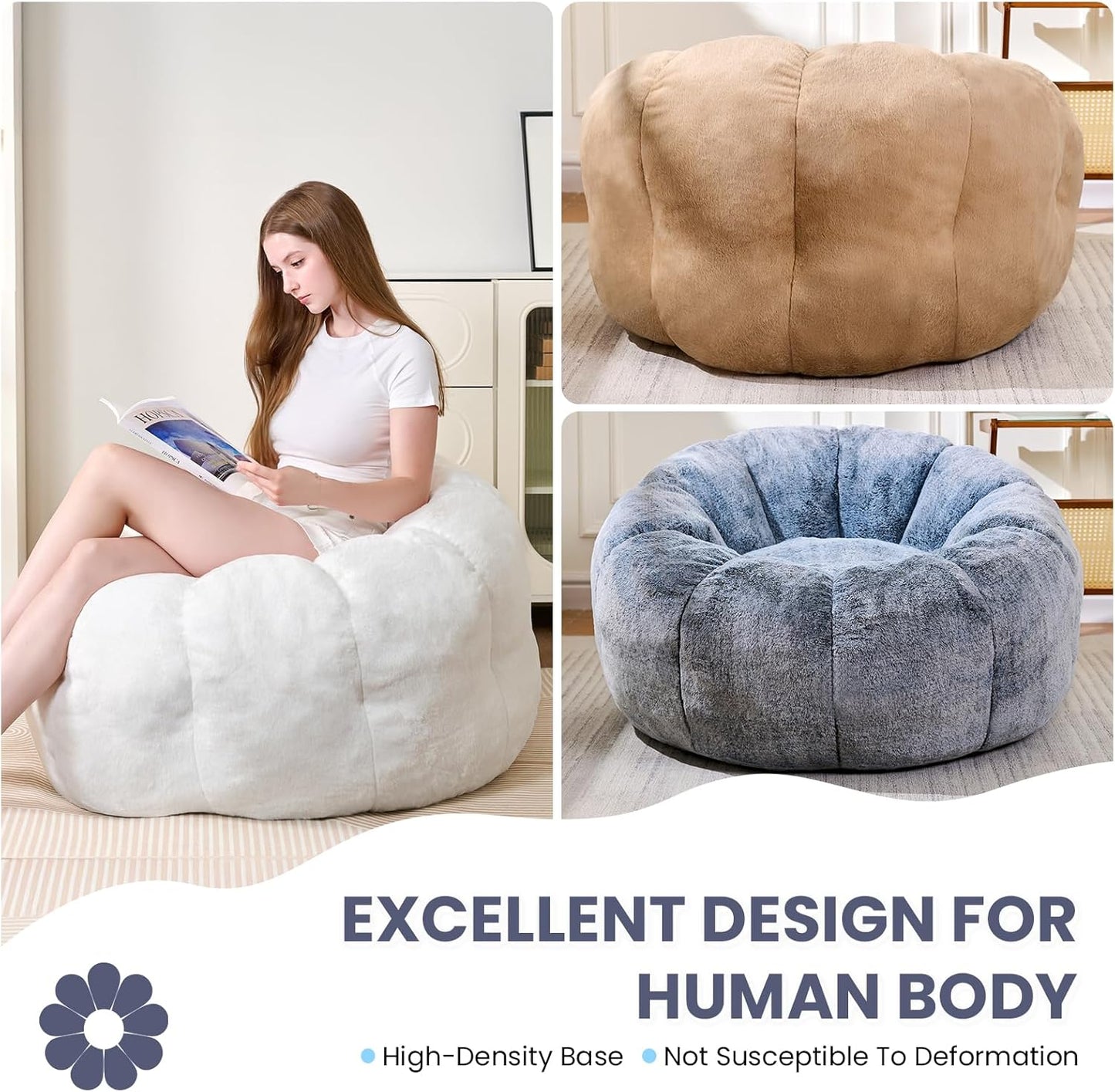 Bean Bag Chair with Filler, Faux Fur Comfy Chair with Petal Armrest Fluffy Lounge Chair for Bedroom, Living Room, Dorm, Game - Grey, Large, Low Support